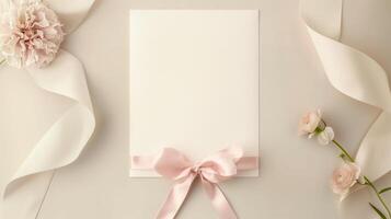 A wedding invitation with flowers and ribbon on a beige background. photo