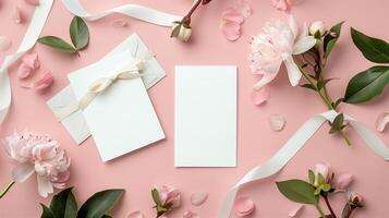 A wedding invitation with flowers and ribbon on a pink background. photo