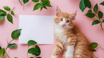 A cute kitten sleeping next to green leaves on a pink background with a blank white card in the middle of the picture. photo