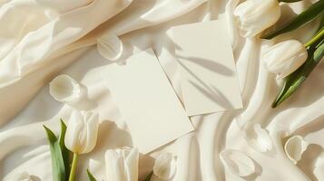 Two white postcards with small white tulips and flower petals around on a baige background. photo