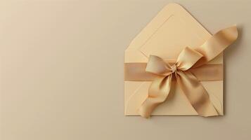 A mockup of an envelope with a gold ribbon on a neutral beige background. photo