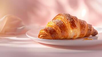 A croissant placed on a white porcelain plate, with a light drizzle of honey on a soft pastel background. photo