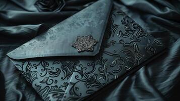 A luxurious black envelope lying on a richly textured satin cloth background. photo