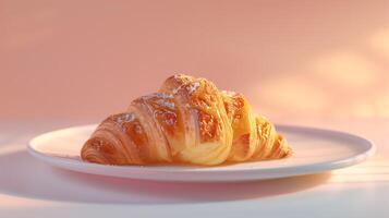 A croissant placed on a white porcelain plate, with a light drizzle of honey on a soft pastel background. photo