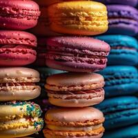 Assortment of delicate macarons, vibrant colors, soft matte finish, stacked artfully. photo