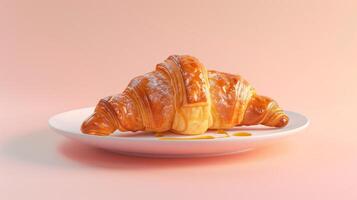 A croissant placed on a white porcelain plate, with a light drizzle of honey on a soft pastel background. photo