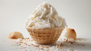 A white ice cream sundae in a waffle cup, topped with coconut flakes, on a plain white background. photo