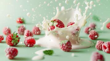 A splash of milk with strawberries and raspberries on the ight green background. photo