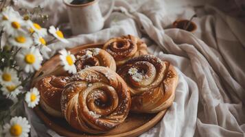 A cinnamon rolls and coffee on table, surrounded by daisies in ceramic vases. photo