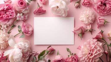 A blank wedding invitation card mockup adorned with delicate pink flowers. photo