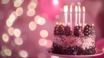 A Birthday chocolate layer cake with candles and pink background. photo