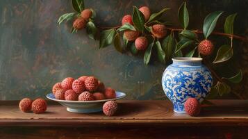 A bowl of pink red lychees in a blue and white porcelain bowl with patterns on a wooden table. photo