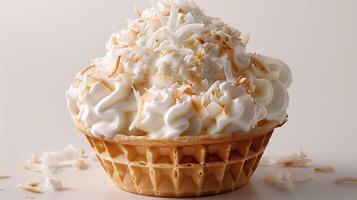 A white ice cream sundae in a waffle cup, topped with coconut flakes, on a plain white background. photo