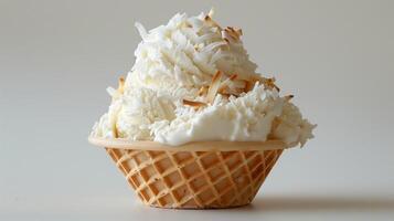 A white ice cream sundae in a waffle cup, topped with coconut flakes, on a plain white background. photo