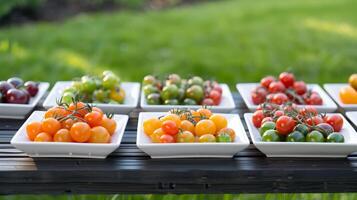 A variety of small tomatoes are displayed on a wooden table. photo