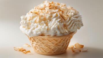 A white ice cream sundae in a waffle cup, topped with coconut flakes, on a plain white background. photo