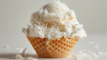 un blanco hielo crema helado con frutas y nueces en un gofre taza, coronado con Coco copos, en un llanura blanco antecedentes. foto