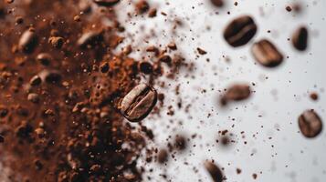 Lots of coffee falling beans on the light background. photo