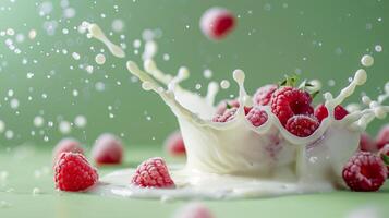 A splash of milk with strawberries and raspberries on the ight green background. photo
