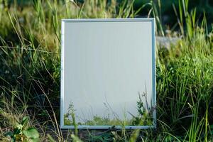 A plain white frame mockup, laying on grass in sunny day. photo