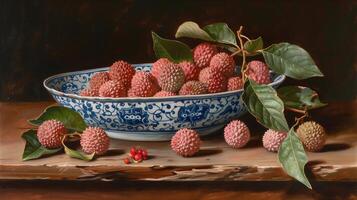 A bowl of pink red lychees in a blue and white porcelain bowl with patterns on a wooden table. photo