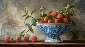 A bowl of pink red lychees in a blue and white porcelain bowl with patterns on a wooden table. photo