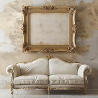 A vintage, antique frame with intricate gold detailing hangs on the wall above a plush velvet sofa. photo