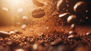 Lots of coffee falling beans on the light background. photo