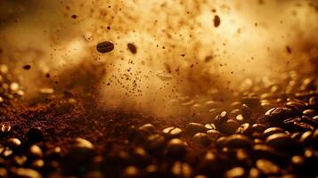 Lots of coffee falling beans on the light background. photo