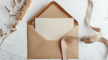 A mockup of an envelope with a gold ribbon on a neutral beige background. photo