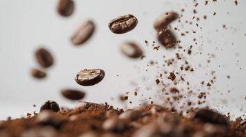 Lots of coffee falling beans on the light background. photo