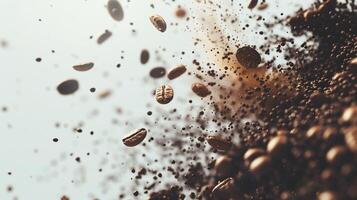 Lots of coffee falling beans on the light background. photo