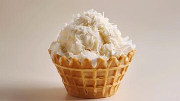 A white ice cream sundae in a waffle cup, topped with coconut flakes, on a plain white background. photo