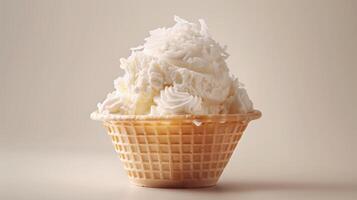 A white ice cream sundae in a waffle cup, topped with coconut flakes, on a plain white background. photo