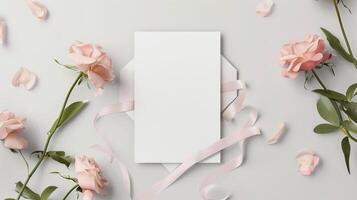 A wedding invitation with flowers and ribbon on a white background. photo