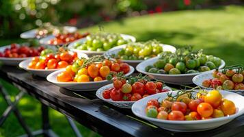 A variety of small tomatoes are displayed on a wooden table. photo