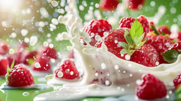 A splash of milk with strawberries and raspberries on the ight green background. photo