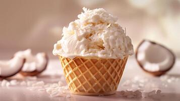 A white ice cream sundae in a waffle cup, topped with coconut flakes, on a plain white background. photo