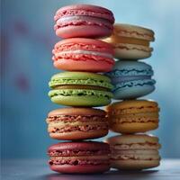 Assortment of delicate macarons, vibrant colors, soft matte finish, stacked artfully. photo