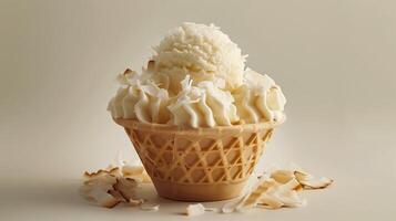 A white ice cream sundae in a waffle cup, topped with coconut flakes, on a plain white background. photo