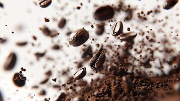 Lots of coffee falling beans on the light background. photo