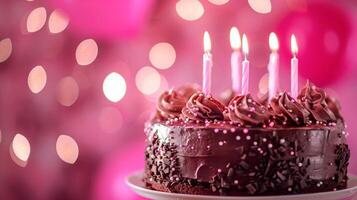 A Birthday chocolate layer cake with candles and pink background. photo