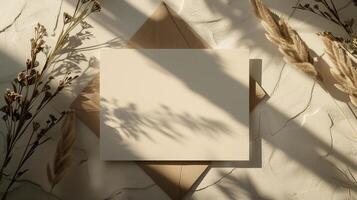 A light white and light brown blank invitation mockup with dried flowers and many shadows. photo