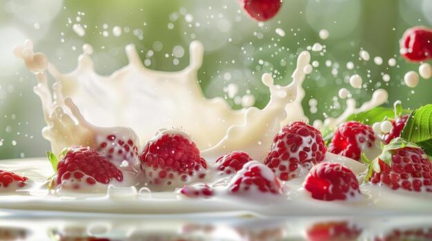 A splash of milk with strawberries and raspberries on the ight green background. photo