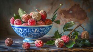 A bowl of pink red lychees in a blue and white porcelain bowl with patterns on a wooden table. photo