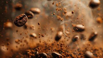 Lots of coffee falling beans on the light background. photo