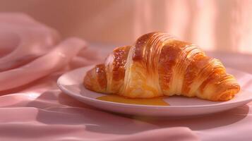 A croissant placed on a white porcelain plate, with a light drizzle of honey on a soft pastel background. photo