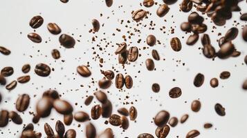 Lots of coffee falling beans on the light background. photo