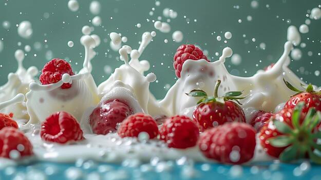 A splash of milk with strawberries and raspberries on the ight green background. photo