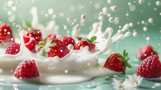 A splash of milk with strawberries and raspberries on the ight green background. photo